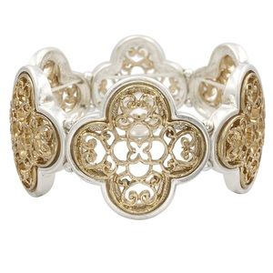 Filigree Gold Tone & Silver Tone Quatrefoil Stretch Bracelet